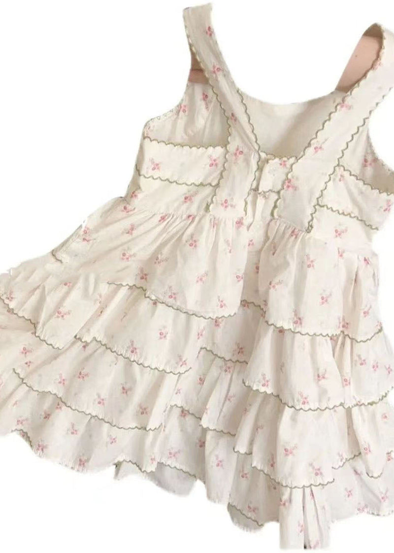 Beige Print Wrinkled Patchwork Cotton Kids Dress Summer