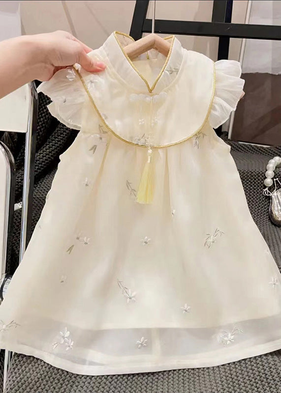 Beige Stand Collar Embroideried Tassel Patchwork Tulle Long Dresses Summer