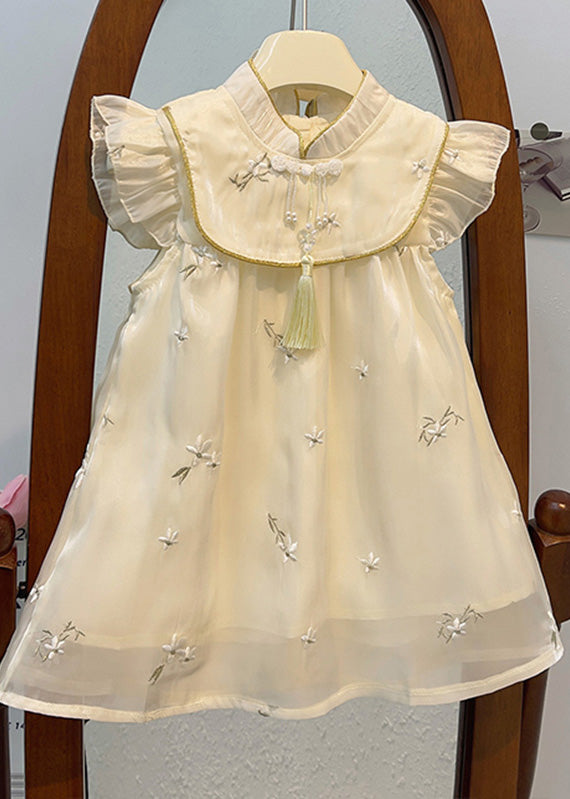 Beige Stand Collar Embroideried Tassel Patchwork Tulle Long Dresses Summer