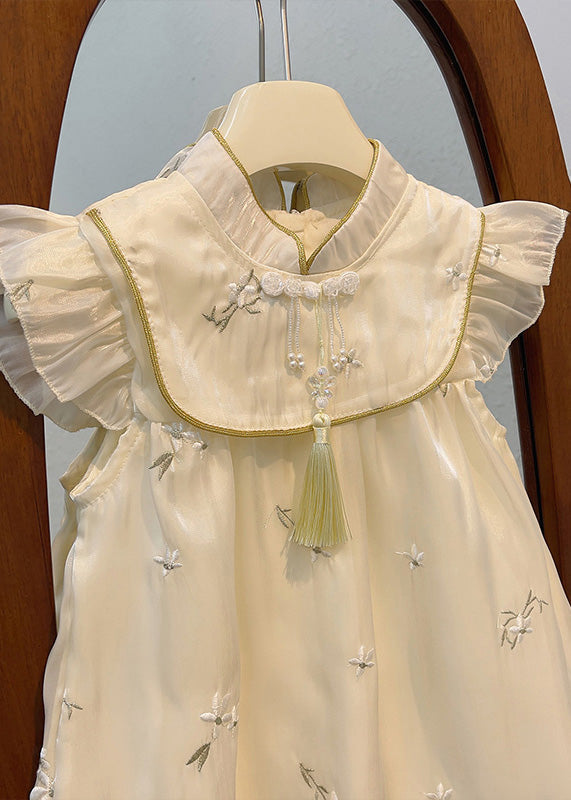 Beige Stand Collar Embroideried Tassel Patchwork Tulle Long Dresses Summer
