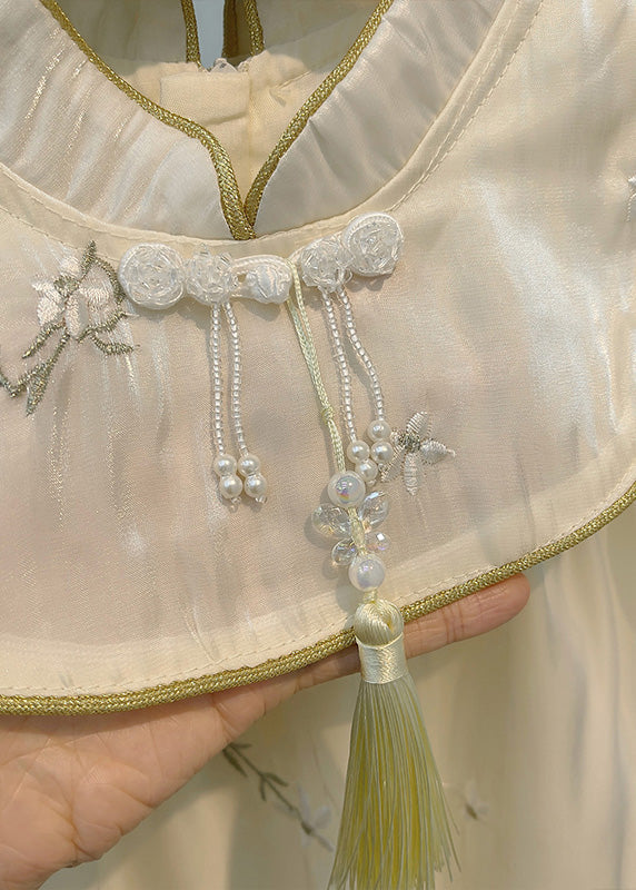 Beige Stand Collar Embroideried Tassel Patchwork Tulle Long Dresses Summer