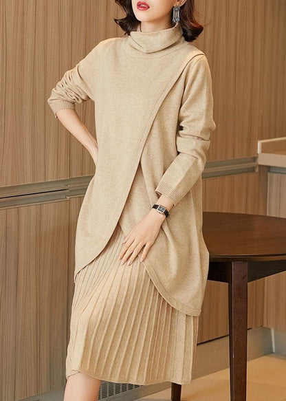 Beige Turtle Neck Asymmetrical Design Knit Two Piece Set Winter