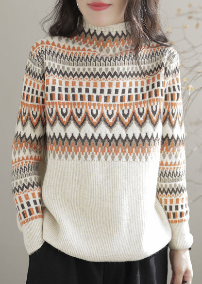Beige Turtle Neck Thick Print Knit Sweater Tops Winter