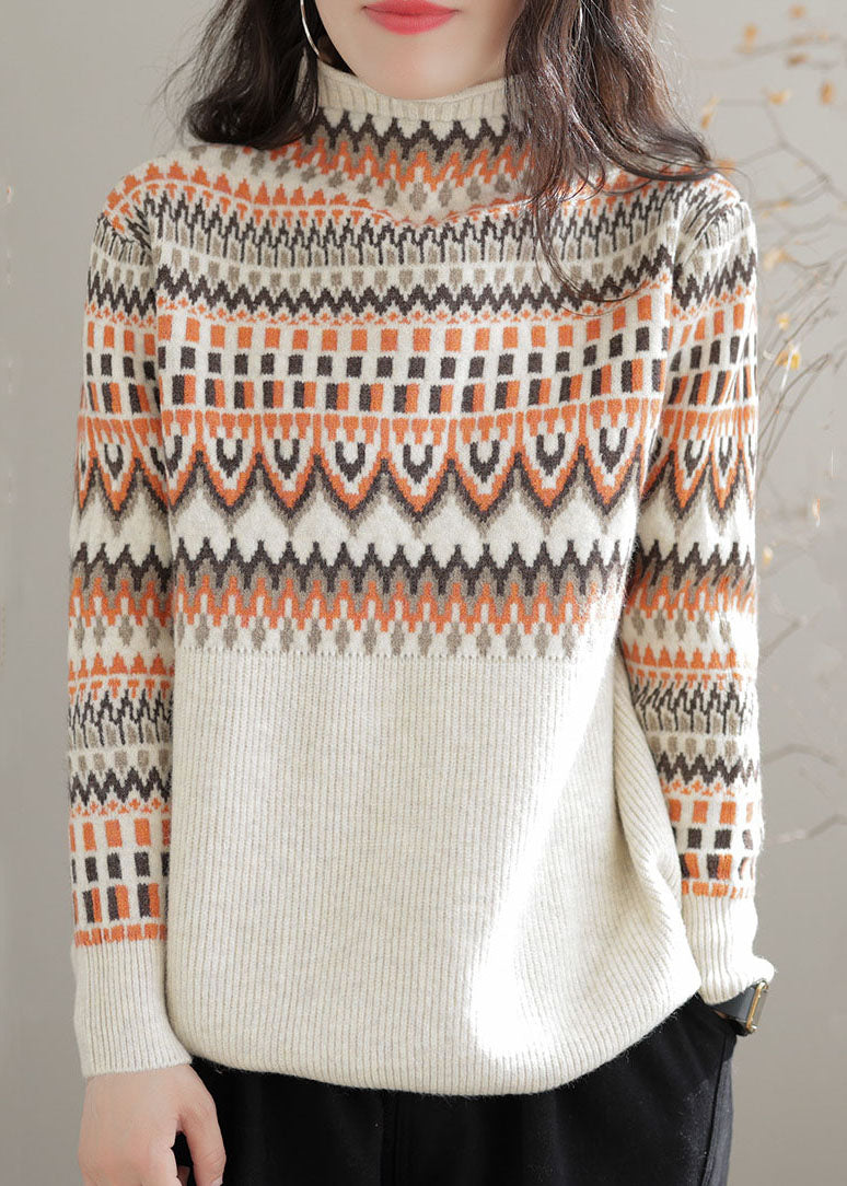 Beige Turtle Neck Thick Print Knit Sweater Tops Winter