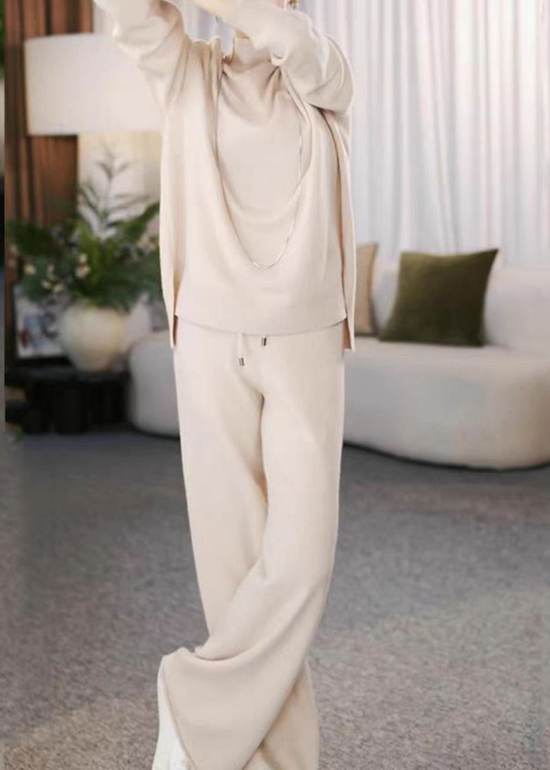 Beige Turtleneck Cotton Knit Sweaters and Wide Leg Pants Two Pieces Set Winter