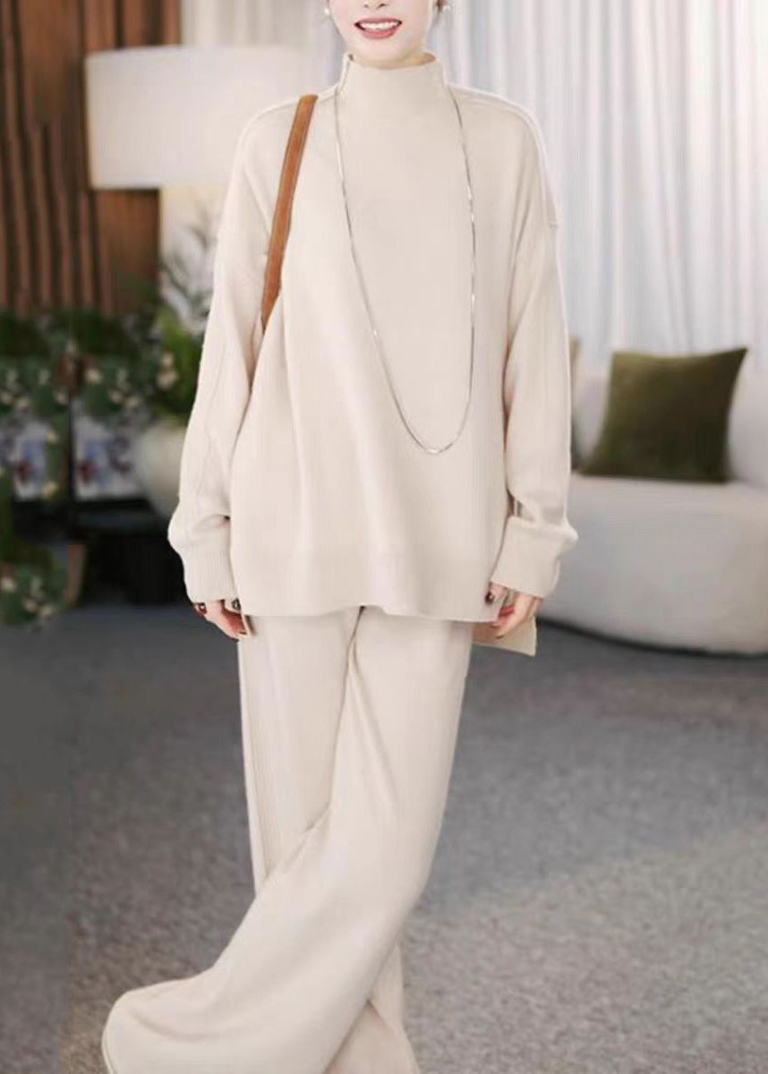Beige Turtleneck Cotton Knit Sweaters and Wide Leg Pants Two Pieces Set Winter