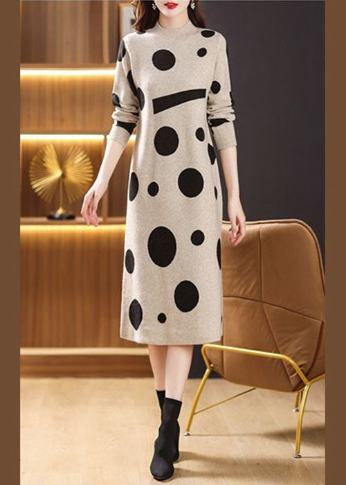 Beige Turtleneck Print Patchwork Knit Long Sweater Fall