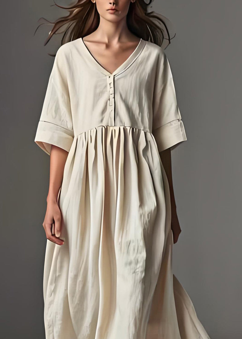 Beige V Neck Patchwork Linen Dress Summer