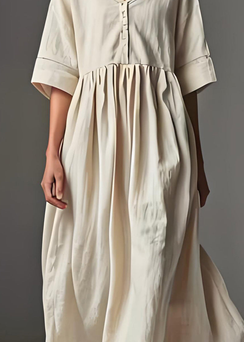 Beige V Neck Patchwork Linen Dress Summer
