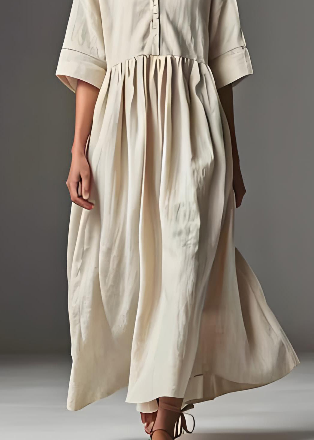 Beige V Neck Patchwork Linen Dress Summer