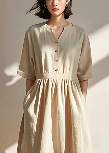 Beige V Neck Pockets Wrinkled Linen Dresses Summer