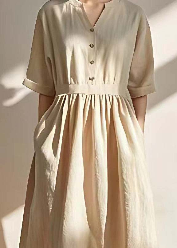 Beige V Neck Pockets Wrinkled Linen Dresses Summer