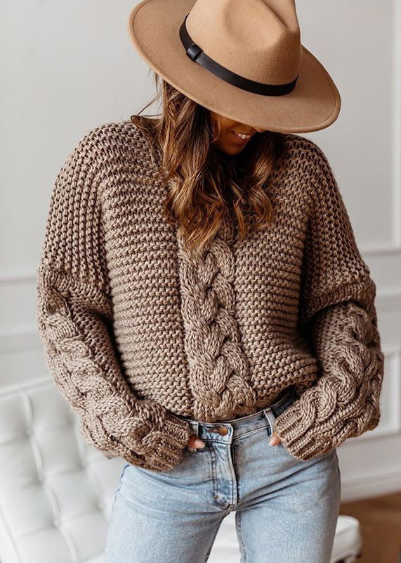 Beige V Neck Thick Cable Knit Sweaters Fall