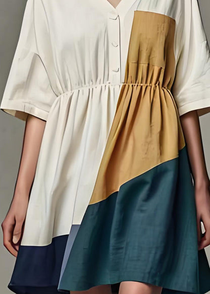 Beige V Neck Wrinkled Patchwork Linen Dress Summer