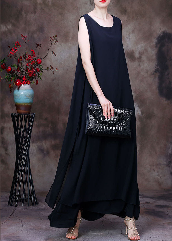 Black Asymmetrical Design Chiffon Long Dresses Sleeveless