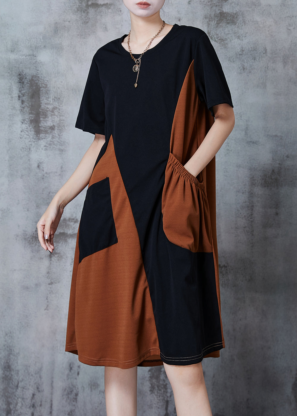Black Asymmetrical Patchwork Pocket Cotton Dresses Summer