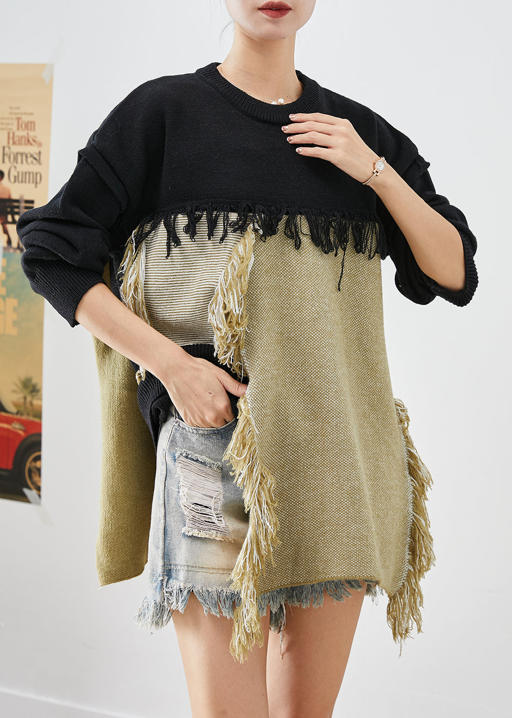 Black Asymmetrical Patchwork Tasseled Knitted Tops Winter
