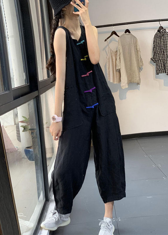 Black Chinese Button Pockets Patchwork Linen Jumpsuits Summer