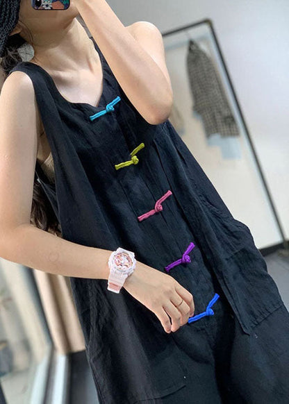 Black Chinese Button Pockets Patchwork Linen Jumpsuits Summer