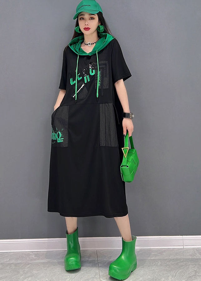 Black Colorblock Hooded Cotton Sweatshirts Dress Short Sleeve