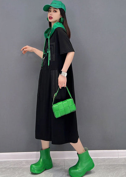 Black Colorblock Hooded Cotton Sweatshirts Dress Short Sleeve