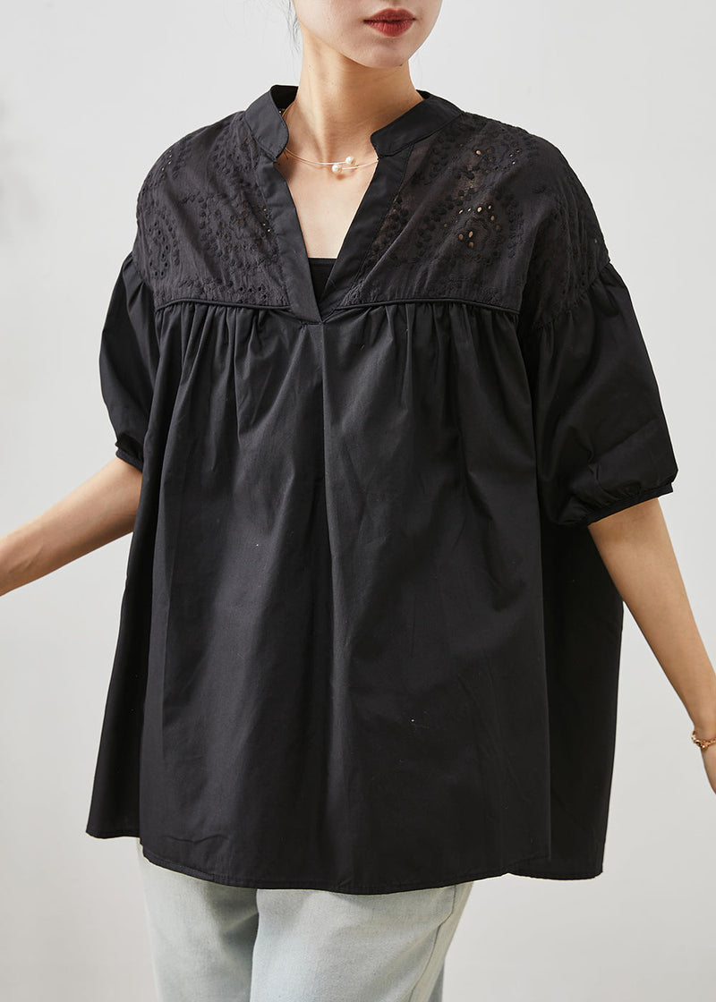 Black Embroidered Patchwork Cotton Blouse Tops Summer