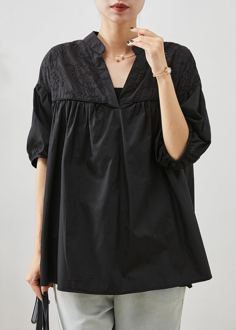 Black Embroidered Patchwork Cotton Blouse Tops Summer