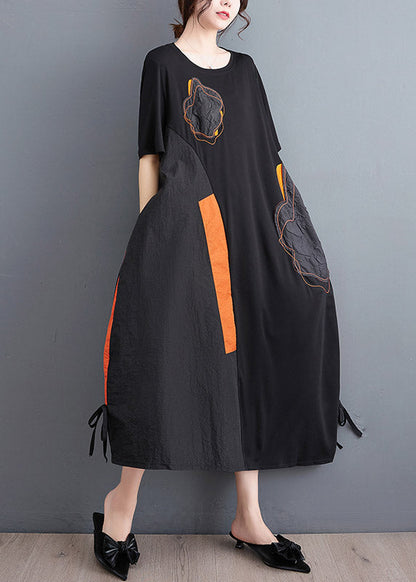 Black Embroideried Drawstring Long Dress Short Sleeve