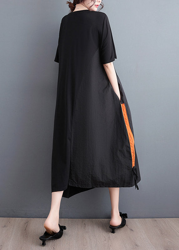 Black Embroideried Drawstring Long Dress Short Sleeve