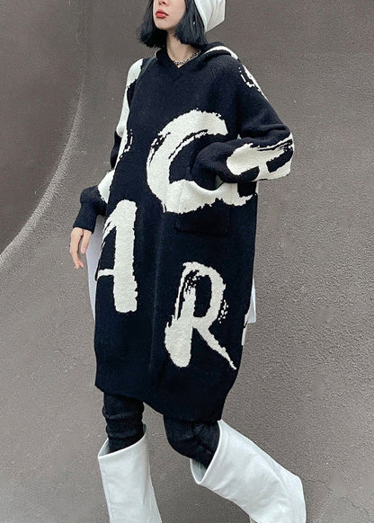 Black Graphic Thick Hooded Knit Cotton Sweaters Winter