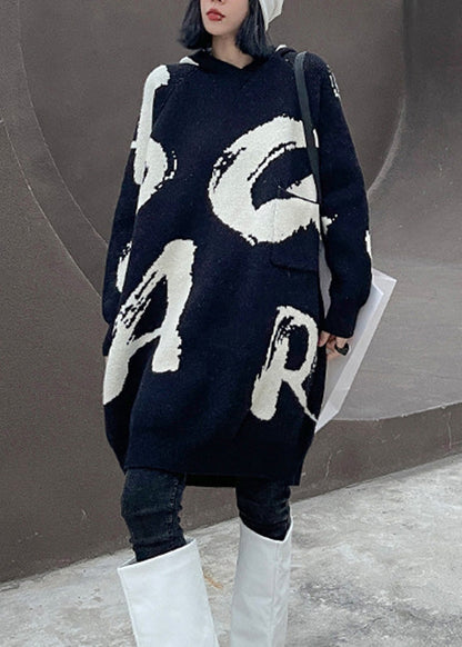 Black Graphic Thick Hooded Knit Cotton Sweaters Winter