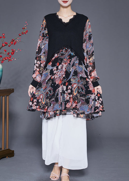 Black Heart Neck Patchwork Chiffon Knit Dresses Fall