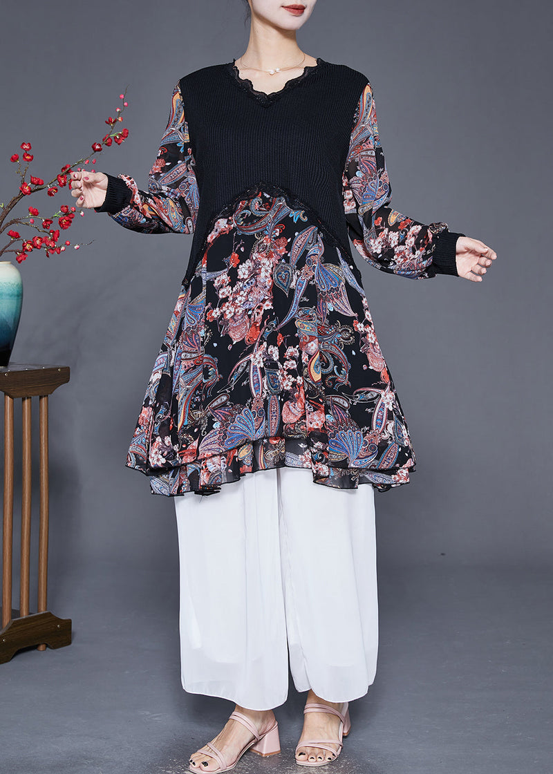 Black Heart Neck Patchwork Chiffon Knit Dresses Fall
