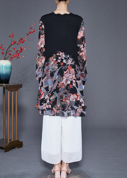 Black Heart Neck Patchwork Chiffon Knit Dresses Fall