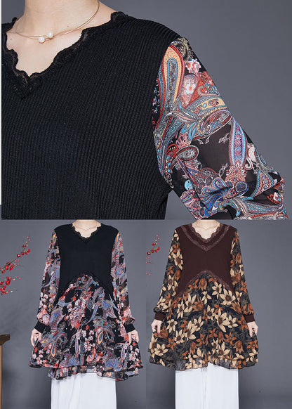 Black Heart Neck Patchwork Chiffon Knit Dresses Fall