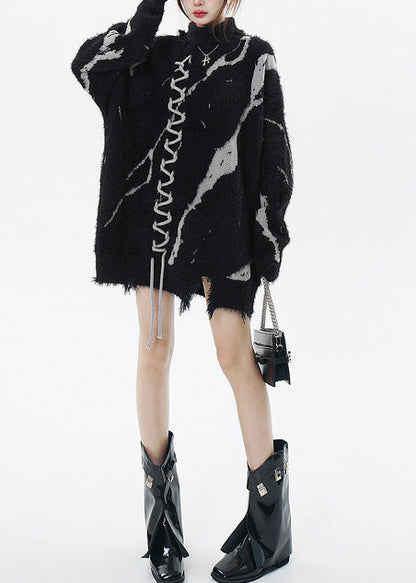 Black High Neck Print Ripped Long Sweater Winter