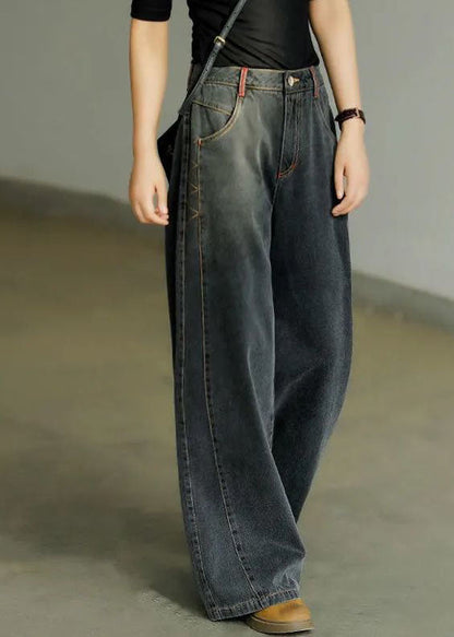 Black High Waist Zip Up Draping Pockets Cotton Denim Wide Leg Pants Summer