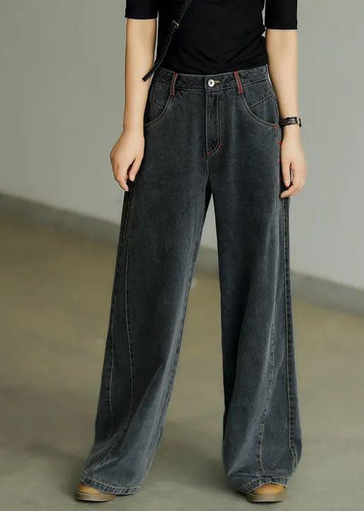 Black High Waist Zip Up Draping Pockets Cotton Denim Wide Leg Pants Summer