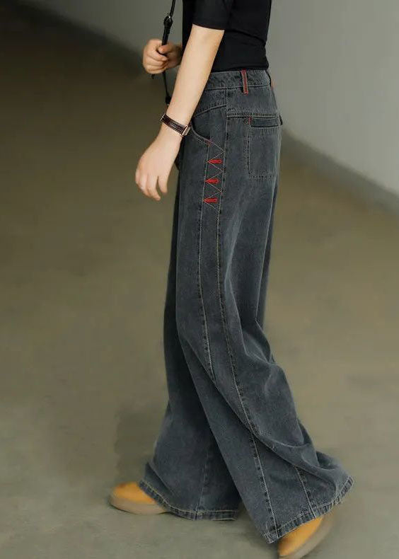 Black High Waist Zip Up Draping Pockets Cotton Denim Wide Leg Pants Summer