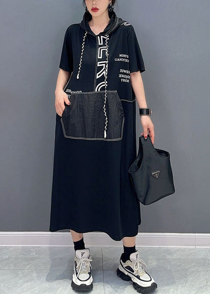 Black Hooded Letter Pockets Patchwork Cotton Dress Summer