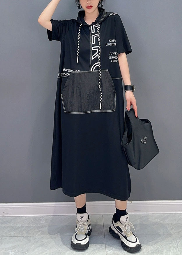Black Hooded Letter Pockets Patchwork Cotton Dress Summer