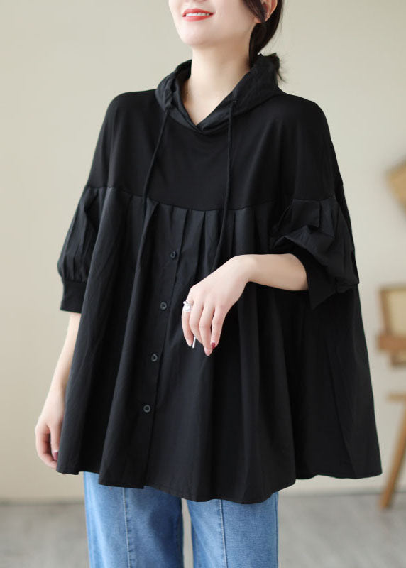 Black Hooded Wrinkled Patchwork Cotton T Shirt Top Summer