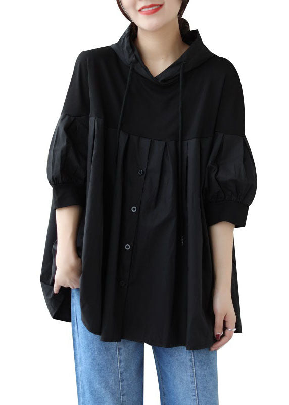 Black Hooded Wrinkled Patchwork Cotton T Shirt Top Summer