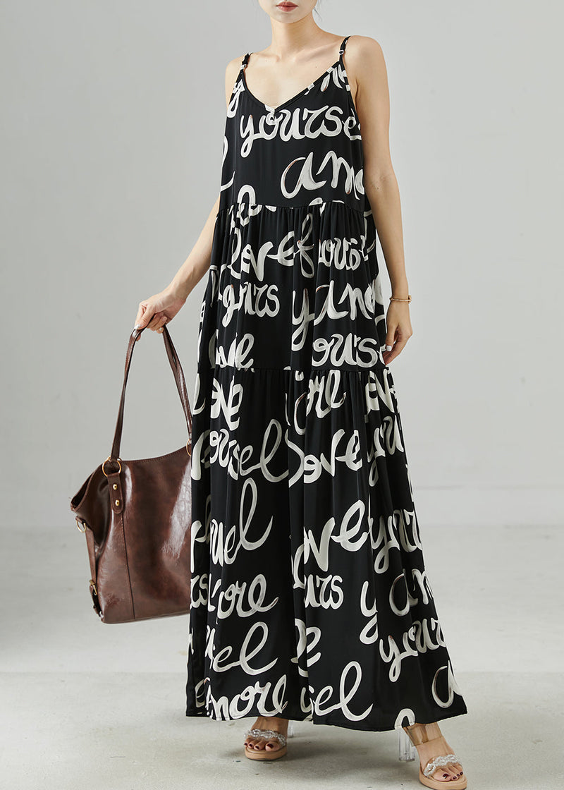 Black Letter Print Chiffon Spaghetti Strap Dress Summer