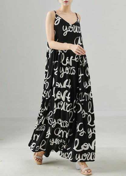 Black Letter Print Chiffon Spaghetti Strap Dress Summer