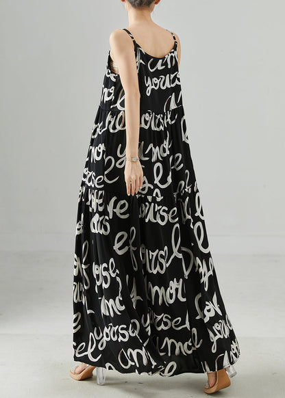 Black Letter Print Chiffon Spaghetti Strap Dress Summer