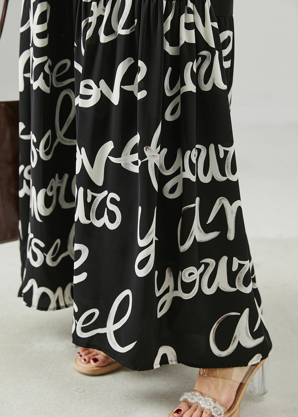 Black Letter Print Chiffon Spaghetti Strap Dress Summer