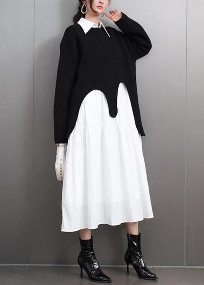 Black O-neck Asymmetrical Cotton Knitted Sweaters Fall