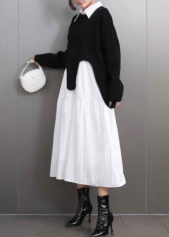 Black O-neck Asymmetrical Cotton Knitted Sweaters Fall
