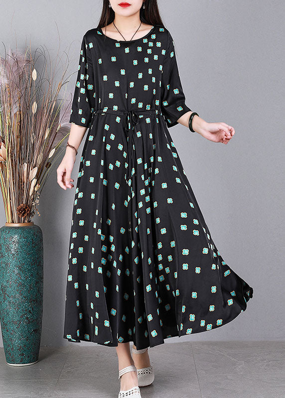 Black O-neck Print Drawstring Exra Large Hem Silk Cinch Dress Half Sleeve
